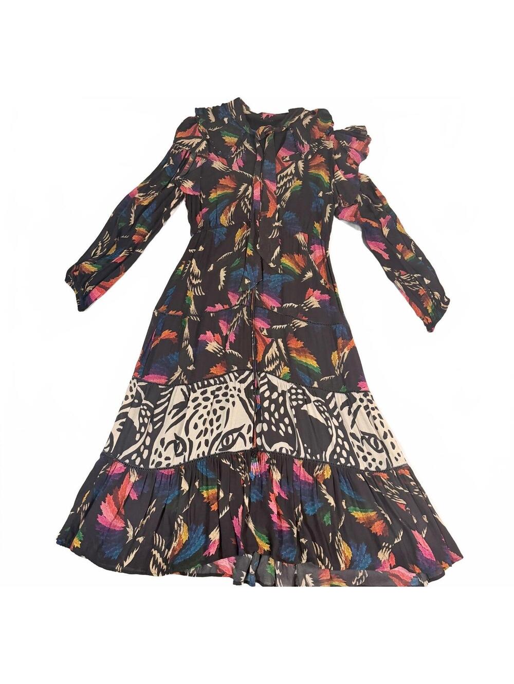 Farm Rio Black Multicolor Feather Print Ruffle Hem Dress Size S